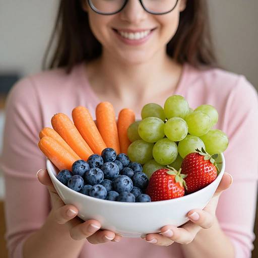Photograph of a smiling woman with glasses, wearing a pink top, holding a white bowl filled with vibrant carrots, green grapes, blueberries, and