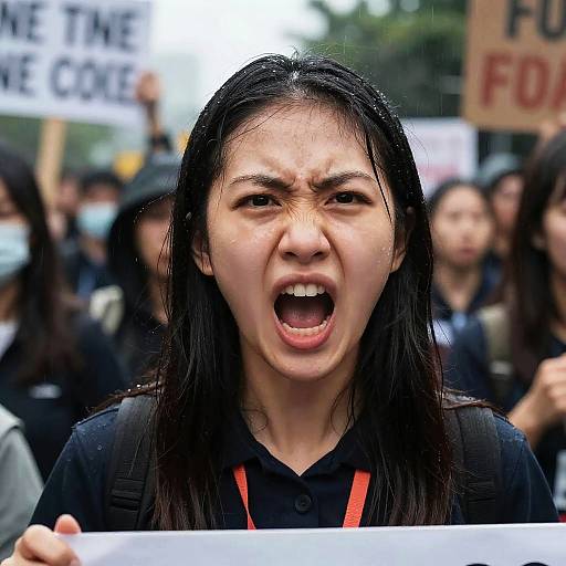 Photograph of an angry Asian woman with long black hair, wearing a black shirt and red lanyard, shouting at a protest with blurred background signs