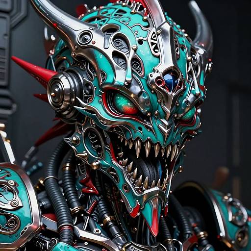 Photorealistic digital artwork of a futuristic, cybernetic, horned monster with glowing green and red eyes, metallic turquoise armor, and sharp,