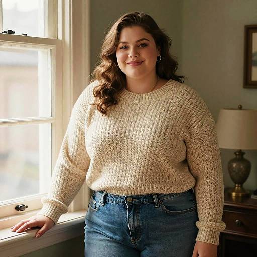 Photograph of a smiling, curvy woman with wavy brown hair, wearing a cream knit sweater and blue jeans, standing by a sunlit window