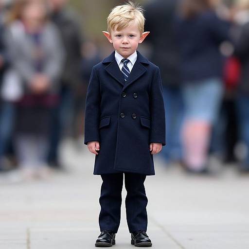 Photograph of a young blonde boy with pointed elf-like ears, wearing a black double-breasted coat, white shirt, black tie, black pants,