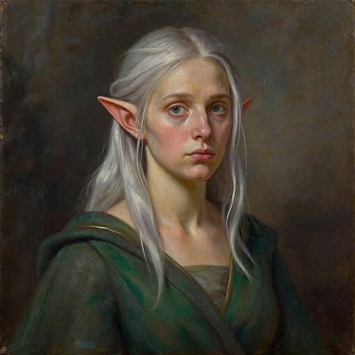 Digital painting of a pale-skinned, silver-haired elf with pointed ears, wearing a dark green cloak, set against a dark, textured background.