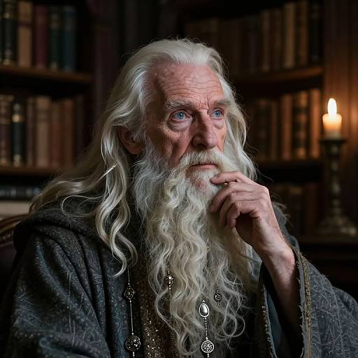 Photograph of an elderly, white-haired wizard with a long, wavy beard, wearing a dark, ornate robe, deep in thought, in