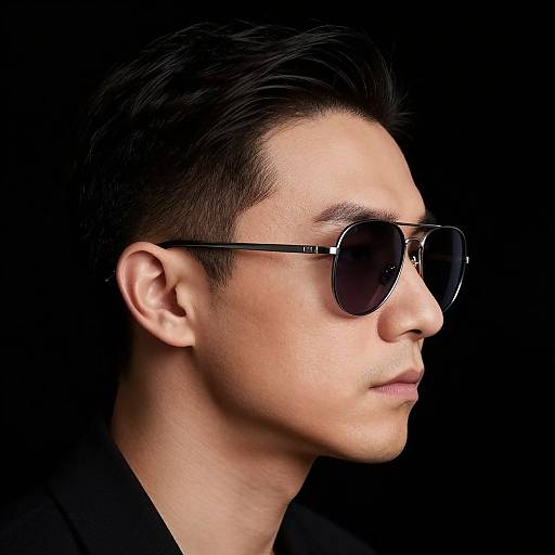 Photograph of a young man with slicked-back black hair, wearing black aviator sunglasses, in profile against a black background.