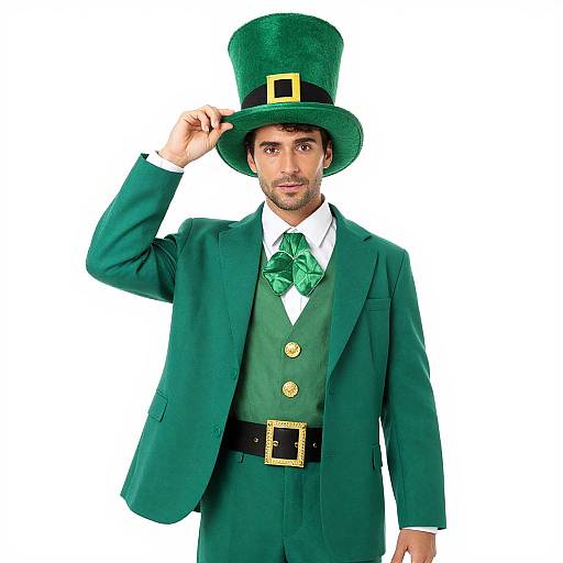 Photograph of a bearded man in a green St. Patrick's Day outfit: top hat, suit, vest, bowtie, and belt,