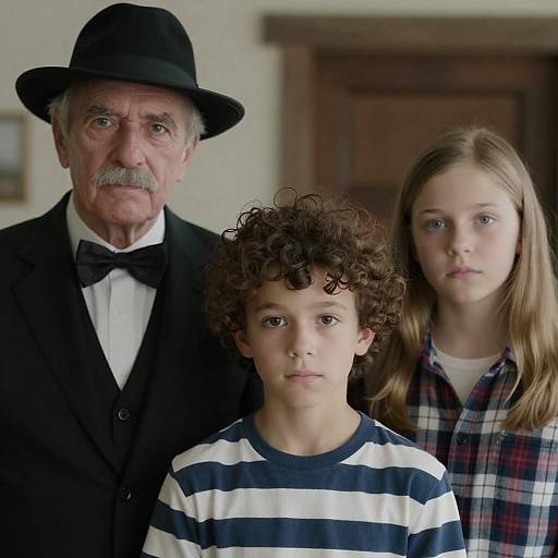 Photograph of elderly man with mustache, black hat, bowtie, black suit; curly-haired boy in striped shirt; serious-looking girl in pl