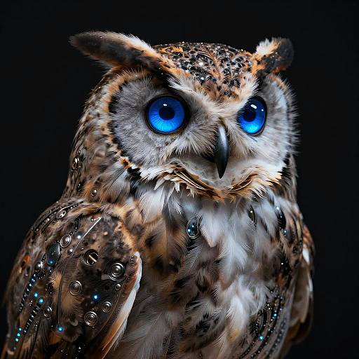 Photorealistic digital artwork of a vibrant, blue-eyed owl with detailed, speckled brown and white feathers against a black background.