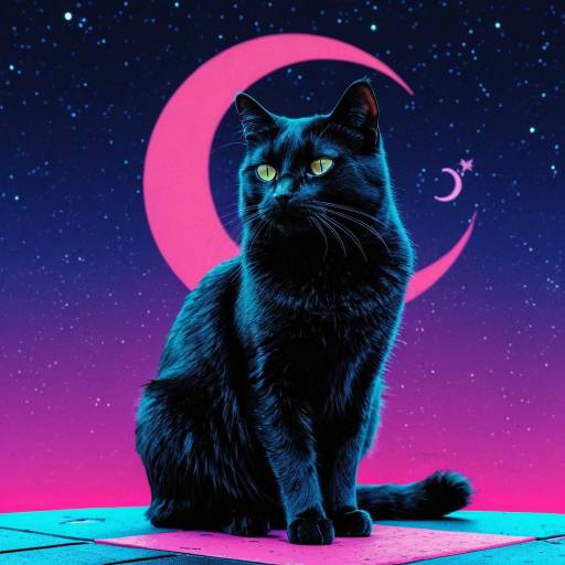 Vaporwave Black Cat with Crescent Moon