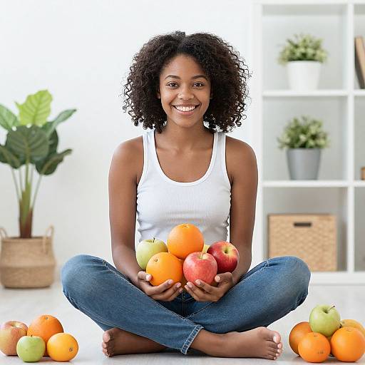 Photograph of smiling Black woman with curly hair, wearing a white tank top and blue jeans, sitting cross-legged, holding colorful fruits (oranges,