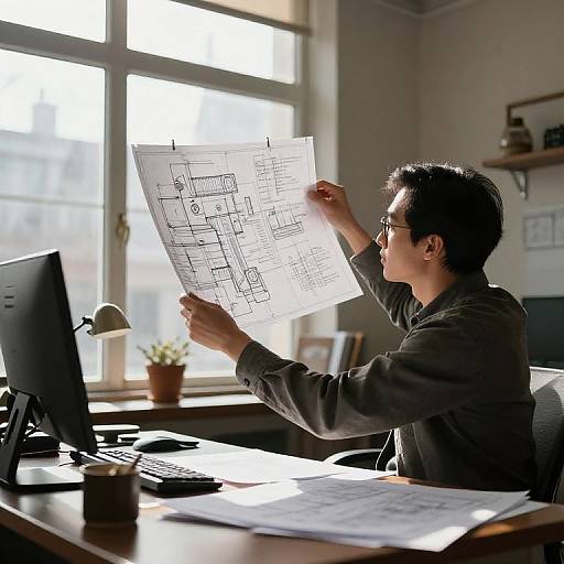 Engineer Studying Blueprints in Vintage Office