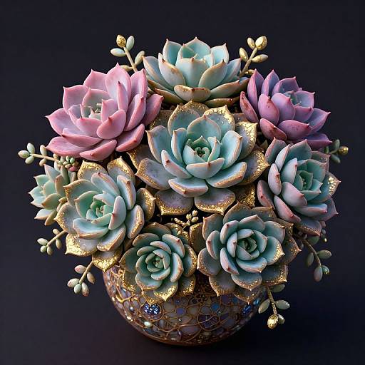 Digital artwork of a decorative vase filled with pastel-colored succulents, gold-trimmed, against a dark background. The succulents are