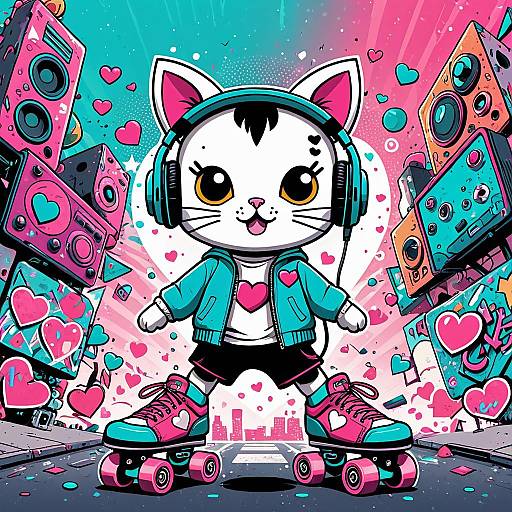 Kawaii Cat on Roller Skates with Headphones