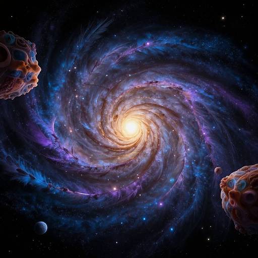 Digital artwork of a vibrant, swirling galaxy with a bright central core, surrounded by blue and purple nebulae, and two red, rocky asteroids in