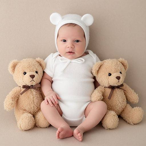 Photograph of a baby in a white onesie and bear hat, sitting between two beige teddy bears, against a plain beige background.