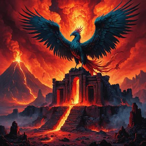 Flaming Phoenix Rising from Ancient Ruins