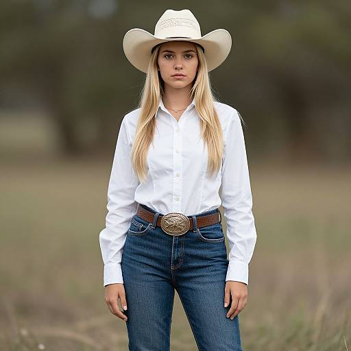 Photograph of a blonde woman in a white cowboy hat, white shirt, and blue jeans with a large belt buckle, standing in a blurred, grass