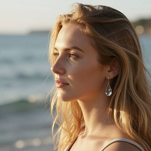 Photograph of a beautiful blonde woman with wavy hair, wearing a white top and teardrop earrings, gazing at the ocean, bathed
