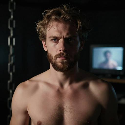 Intense Shirtless Man in Dim Lighting