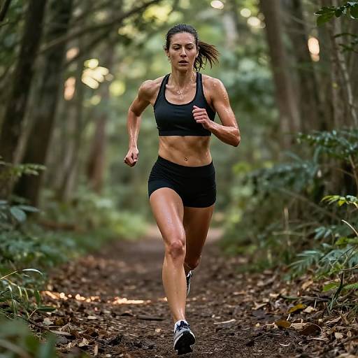 Photograph of a muscular, tan-skinned woman with dark hair in a ponytail, running on a forest path in black sports bra and shorts.
