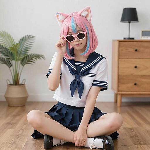 Asian Woman in Sailor Uniform with Cat Ears