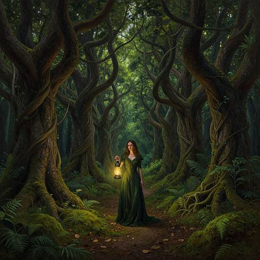 Photograph-like digital art of a woman in a dark green gown holding a glowing lantern in a dense, mystical forest with twisted, moss-covered trees.