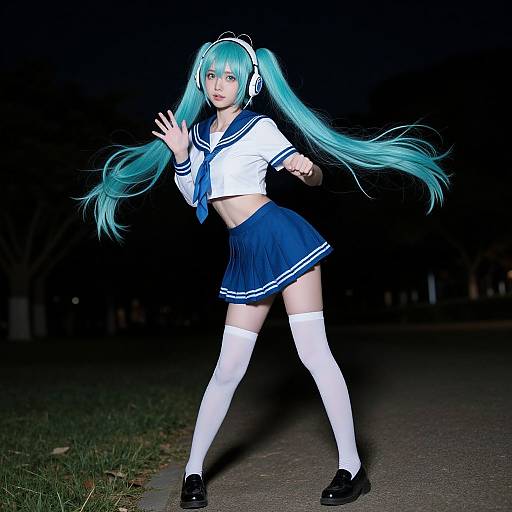 Photograph of a woman in a vibrant turquoise-haired cosplay, wearing a sailor school uniform, white thigh-high socks, and black loafers, standing on