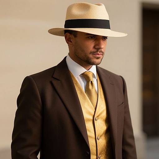 Man in Brown Suit with Straw Hat
