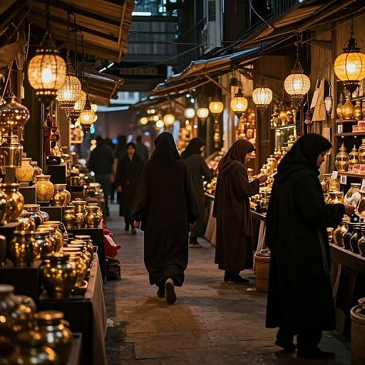Photograph of a dimly lit, bustling night market with several veiled women walking past rows of glowing, ornate hanging lamps and silverware stalls