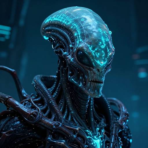 Photorealistic CGI of a glowing blue, cybernetic alien with intricate wiring, bioluminescent patterns, and skeletal features against a dark,