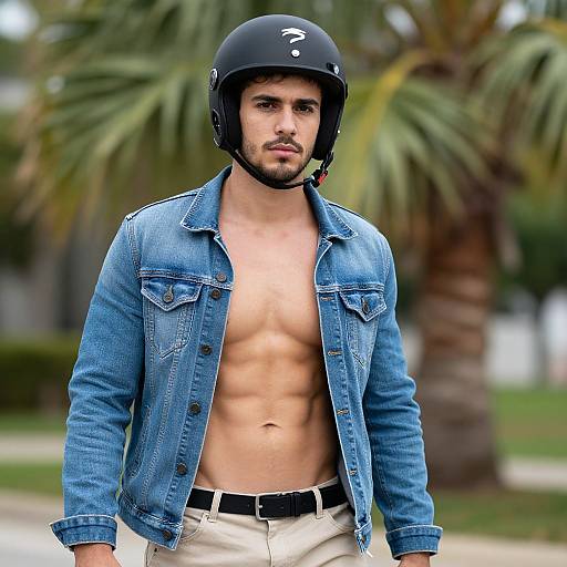 Photograph of a fit, shirtless man with light skin, black helmet, blue denim jacket, beige pants, standing outdoors in front of palm trees
