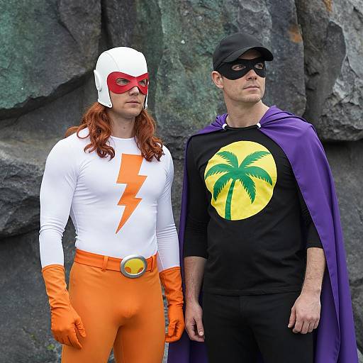 Dynamic Superheroes Against Rocky Landscape