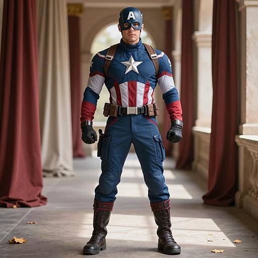 Photograph of a muscular man in a detailed Captain America costume standing in a sunlit, stone hallway with maroon curtains.