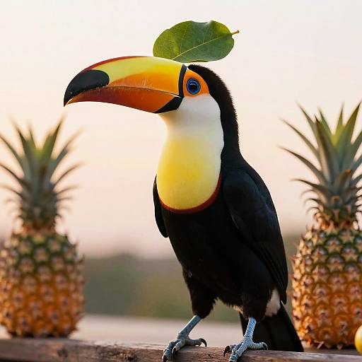 Toucan with Leaf on Head and Pineapples