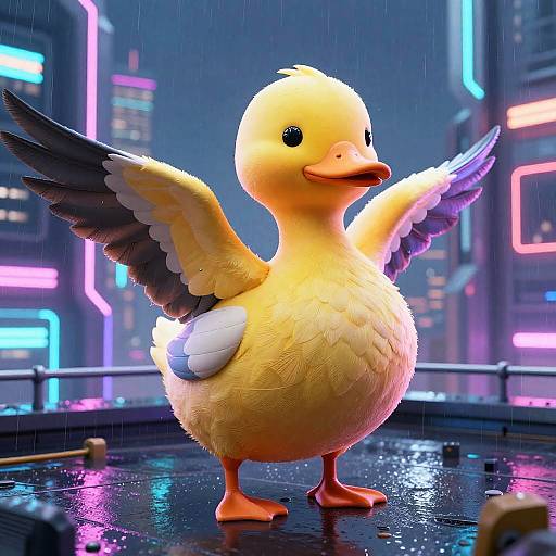 CGI image of a cute, yellow duckling with black-tipped wings standing on a wet, neon-lit city street during rain.