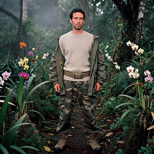 Photograph of a bearded man in camouflage pants, green jacket, beige sweater, brown belt, standing on a forest path surrounded by colorful flowers and