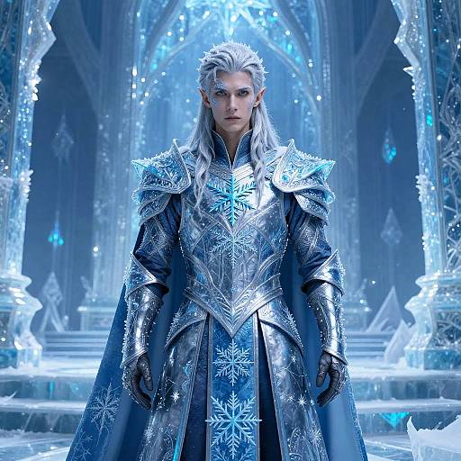 Digital art of a stern, white-haired elf in intricate, icy blue and silver armor, standing in a glowing, crystalline cathedral.