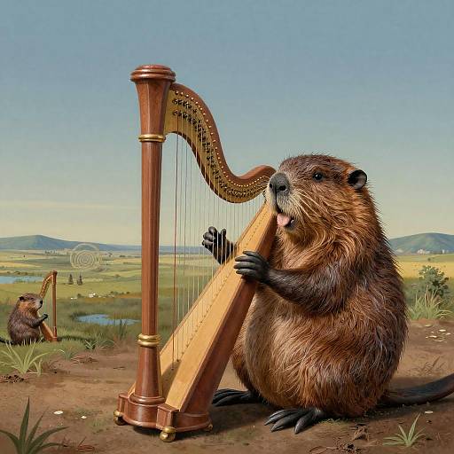 Enormous Beaver Playing Harp Surreal