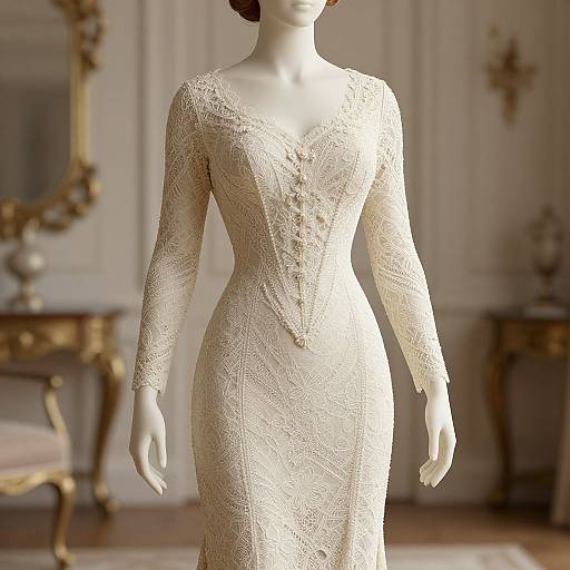 Photorealistic CGI of a white, lace, long-sleeved, V-neck, form-fitting wedding dress on a headless mannequin