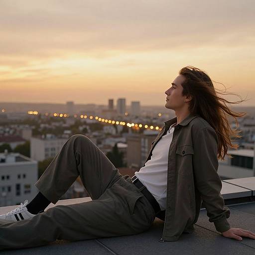 Photograph of a young woman with long brown hair, wearing a green jacket, white shirt, and gray pants, sitting on a rooftop at sunset,