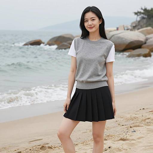 Smiling Asian Woman on Sandy Beach