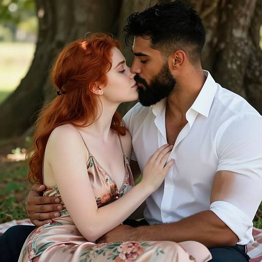 Photograph of a redheaded woman in a floral dress kissing a bearded man in a white shirt, sitting outdoors on a blanket.