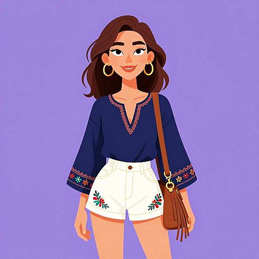 Digital illustration of a smiling woman with brown hair, wearing a navy blouse with embroidered sleeves, white shorts, hoop earrings, and a brown fringe shoulder bag