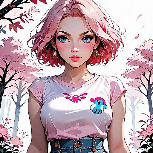 Pink-Haired Woman in Pastel T-Shirt and Denim Shorts