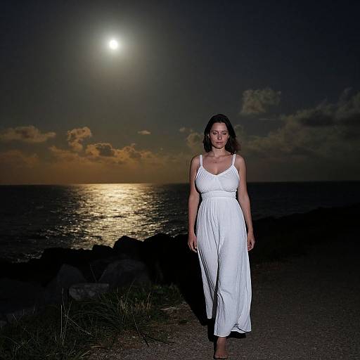 Photograph of a woman in a white, sleeveless, flowing dress walking on a rocky beach at night under a bright full moon.
