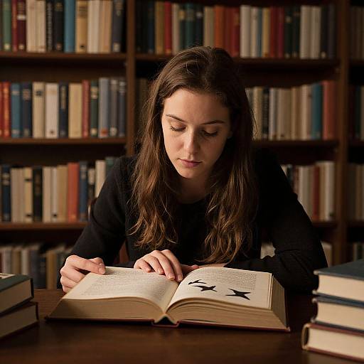 Woman reading in dimly lit library