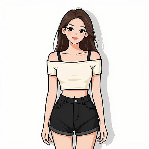 Digital anime-style drawing of a young woman with long brown hair, wearing a white off-shoulder crop top and black high-waisted shorts,