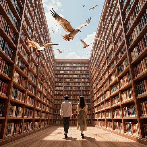Photograph of a library with wooden bookshelves, sunlight streaming in, birds flying overhead, man and woman walking away, holding hands.