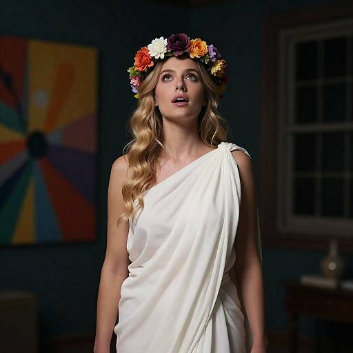 Blonde Woman in Toga with Flower Crown