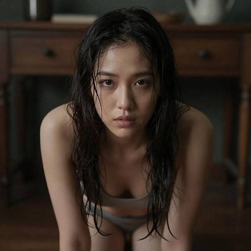 Intense Portrait of a Wet-Haired Woman