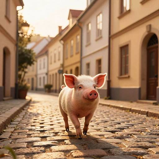 Whimsical Pig Strolling European Alley